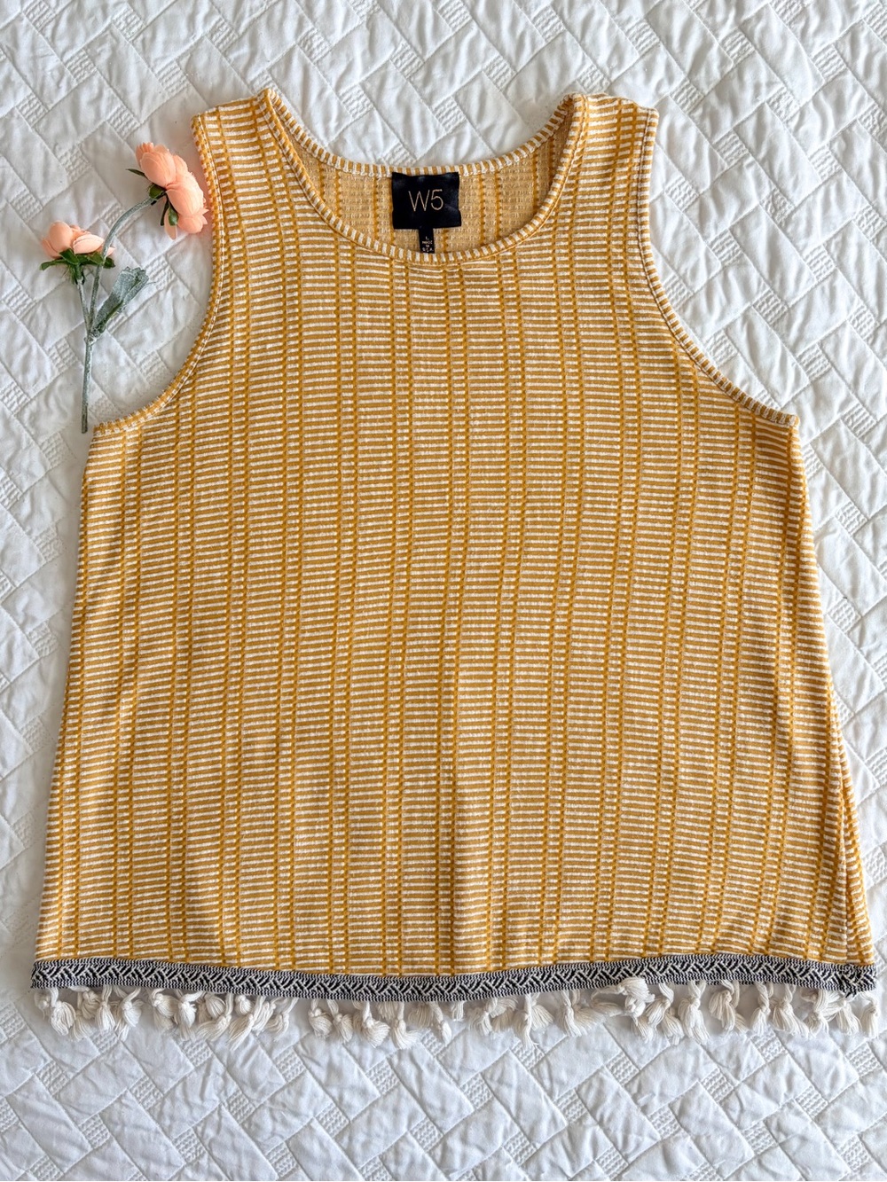 W5 Anthropologie Mustard Striped Tassel Hem Sleeveless Tank Top L